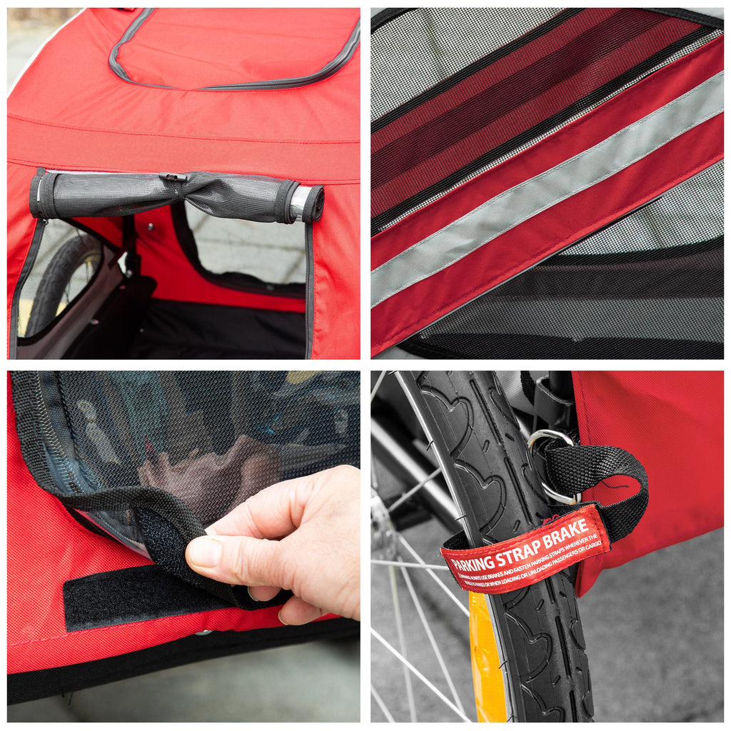 Dog Trailer with Hinged Entry, Wheels and Flag, Steel and Oxford Fabric, Red Silver Black