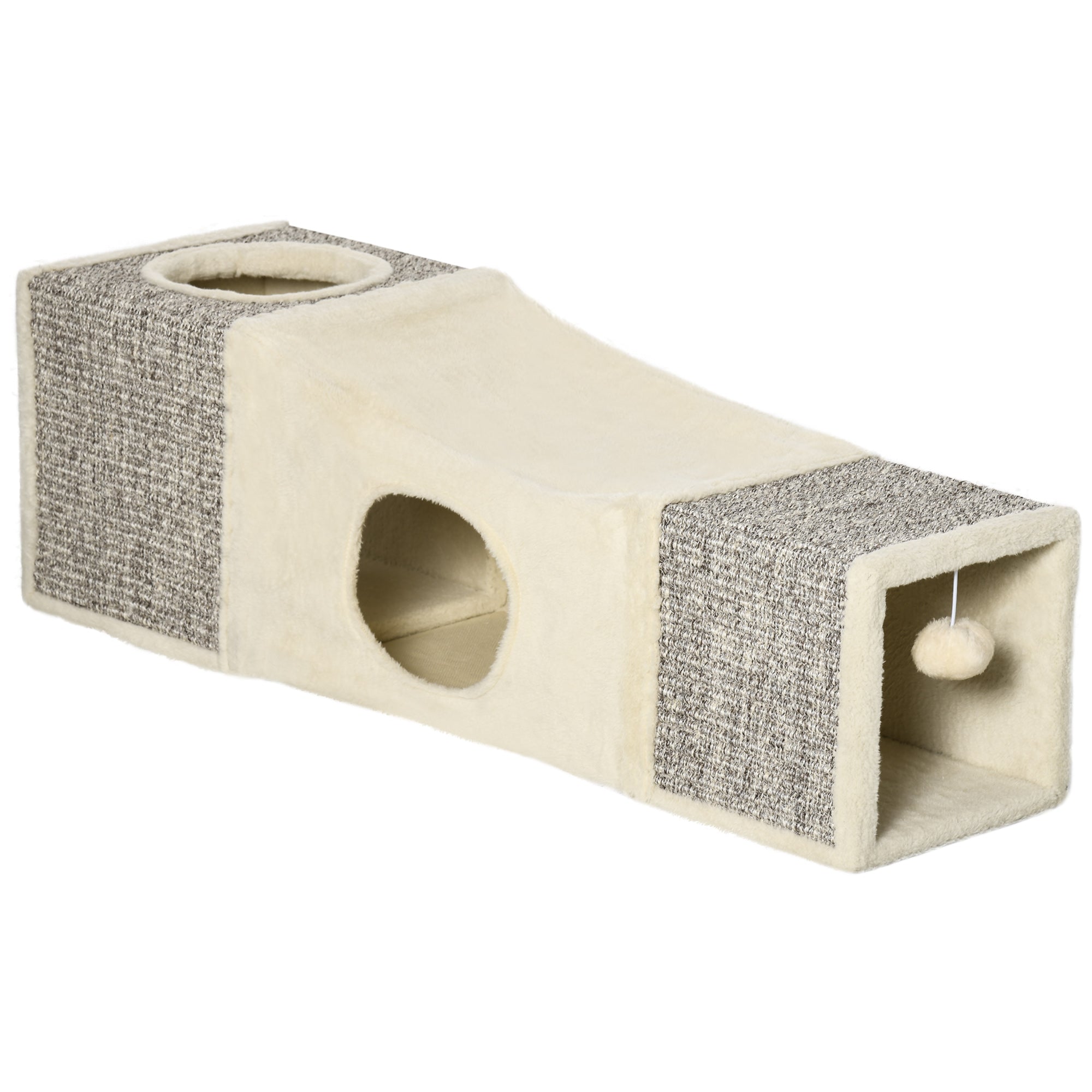 Collapsible Cat Tunnel with Houses, Scratching Post, and Plush and Sisal Ball, Cream