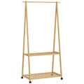 HOMCOM Bamboo Coat Rack with Shoe Shelf, 2 Hooks, Mobile Coat Stand for Entryway, Living Room, Natural