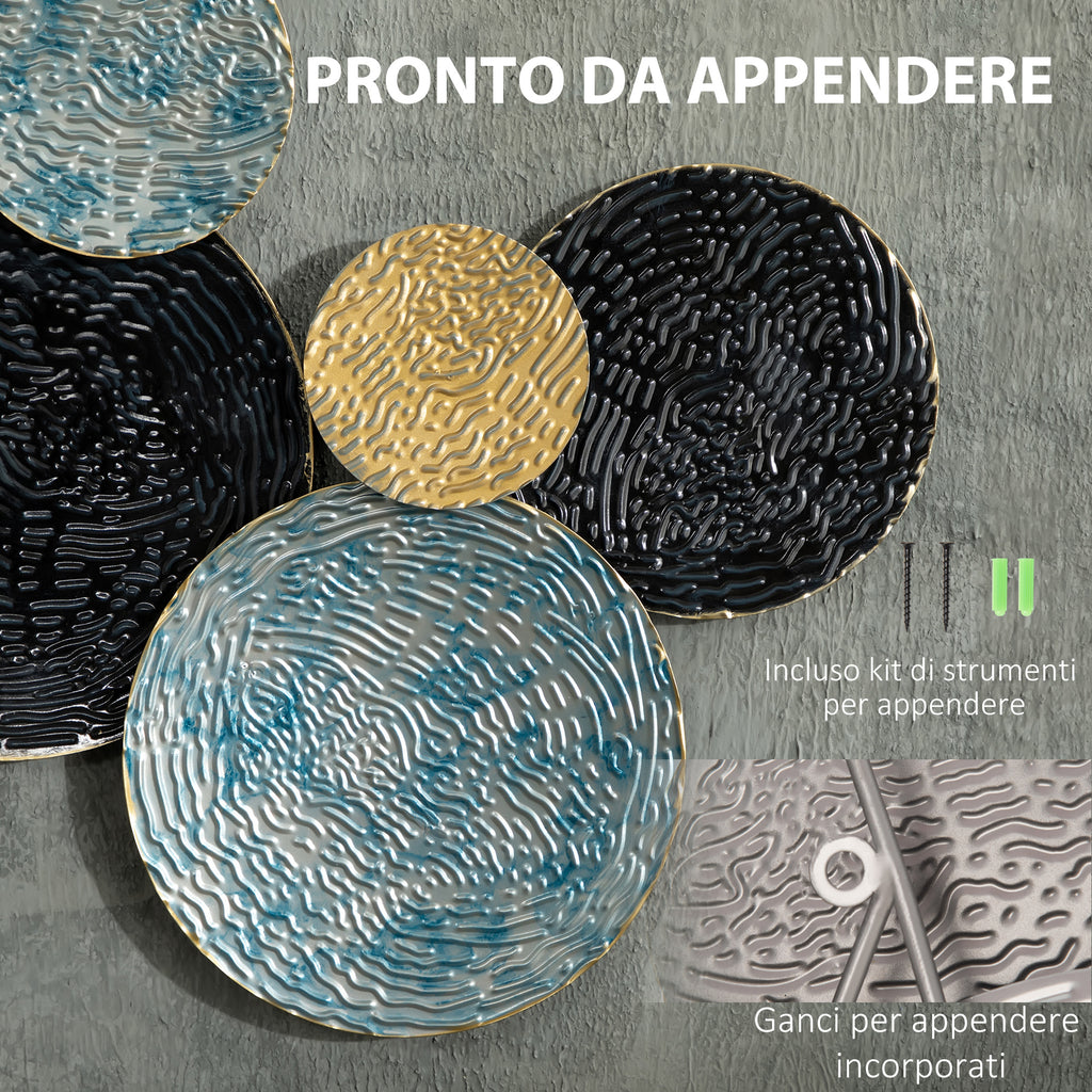 3D Metal Wall Decoration, Circle Wall Art 133x66cm, Blue, Black and Gold
