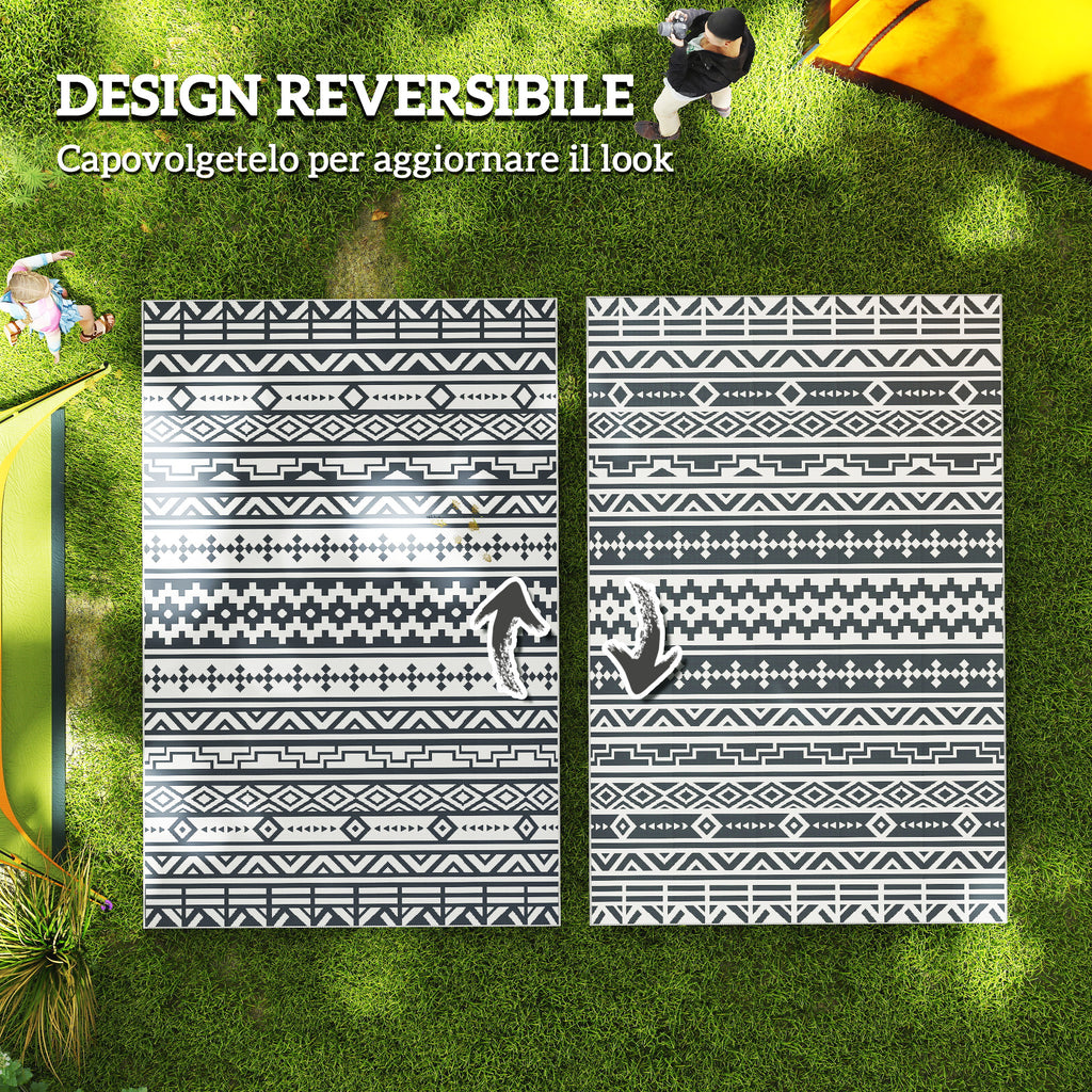 Reversible Outdoor Rug with Geometric Pattern and Bag Included, 182x274 cm, Gray and White