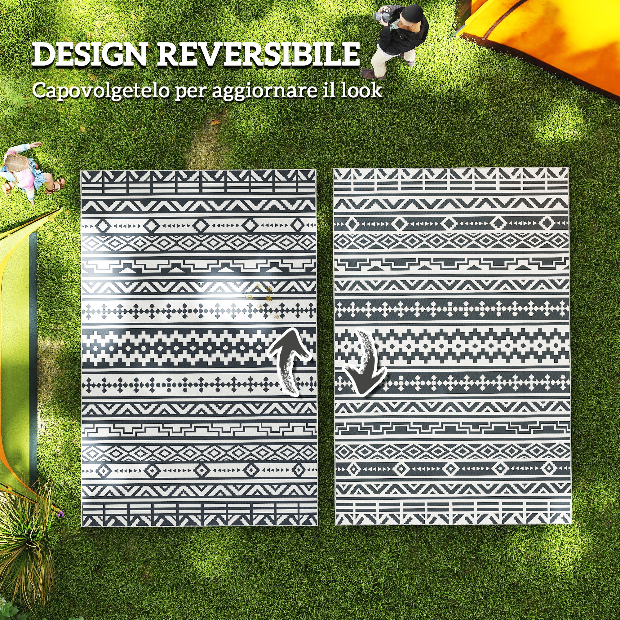 Reversible Outdoor Rug with Geometric Pattern and Bag Included, 182x274 cm, Gray and White
