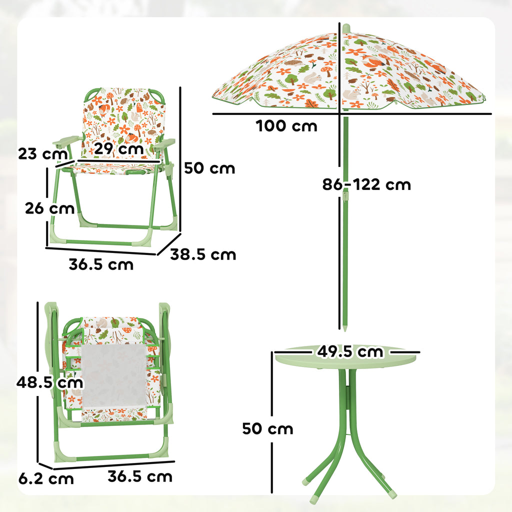 Garden Set for Children 2-5 Years with Round Table, 2 Folding Chairs and a Parasol, Green