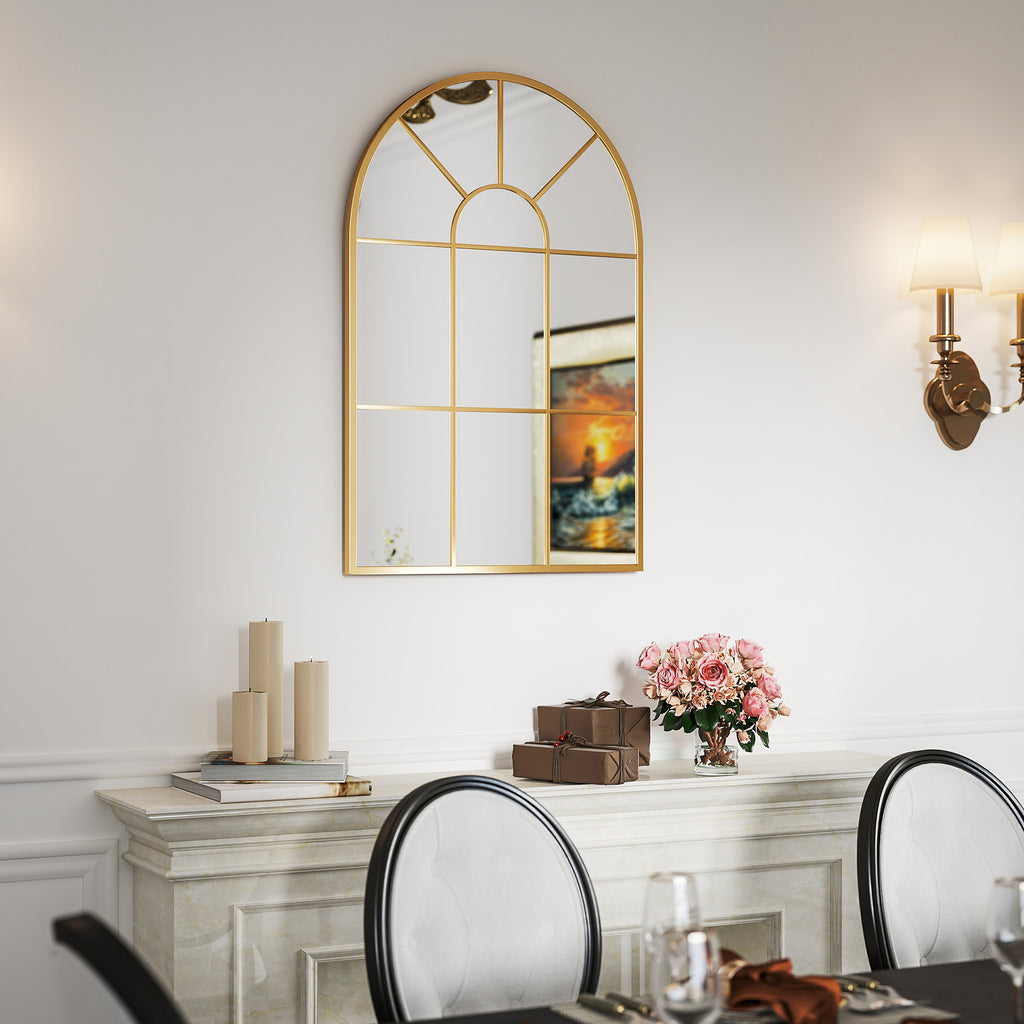 Arched Wall Mirror in Glass and Gold Metal with a Modern Style, 91x2x60 cm
