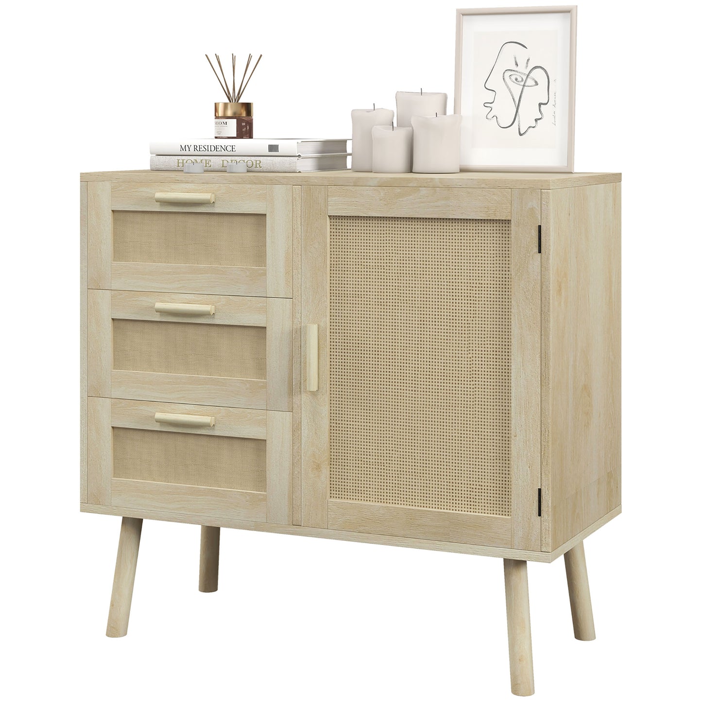 HOMCOM Multipurpose Boho Style Cabinet with Cabinet and 3 Drawers in Wood and Rattan, 80x36x75cm, Oak