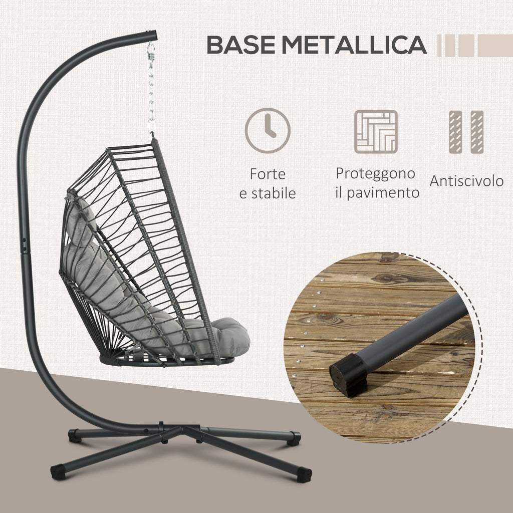 Hanging Armchair in PE Rattan with Cushion, Folding Seat and Steel Structure, Grey - Borgè