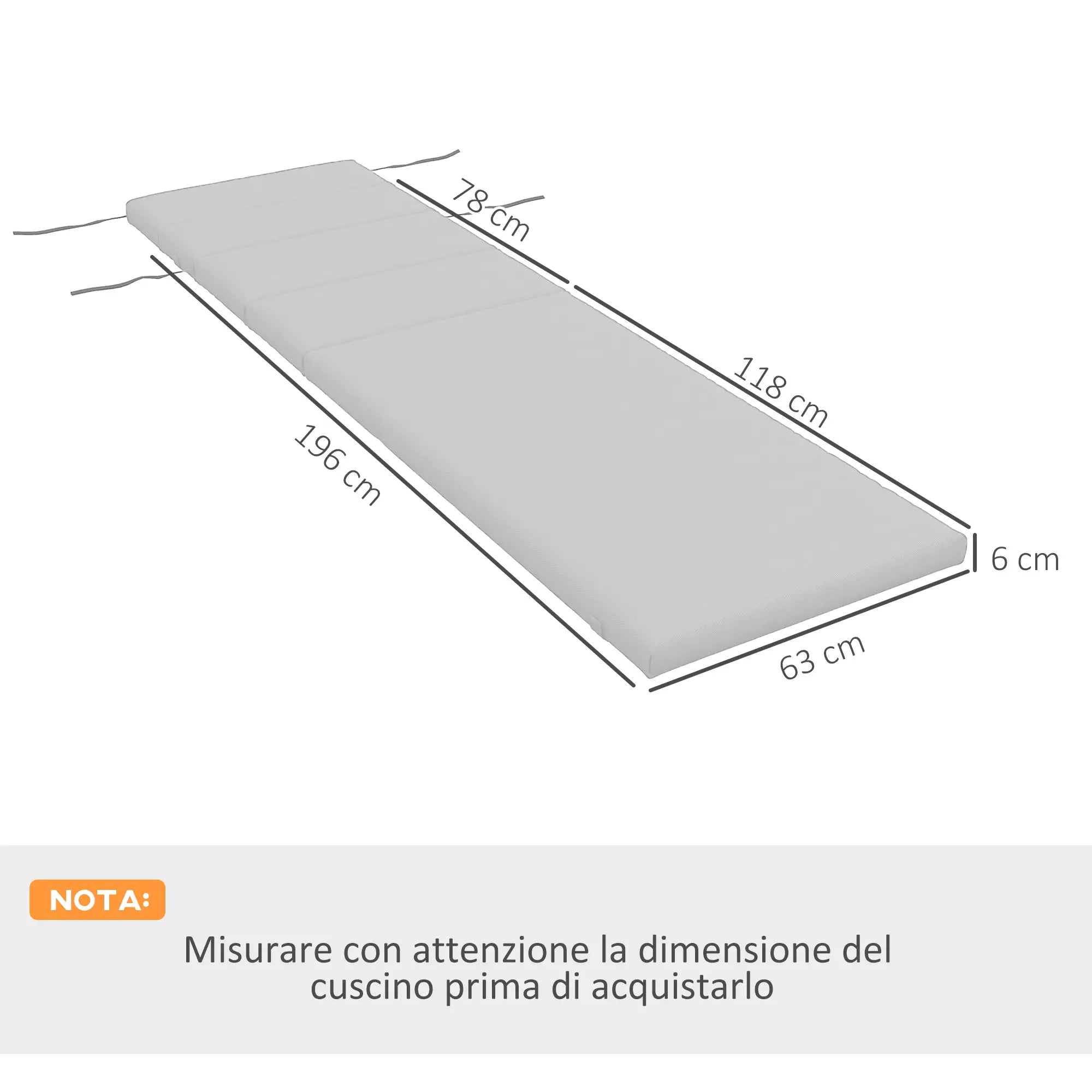 Fabric Sun Lounger Cushion with Ties, Light Grey