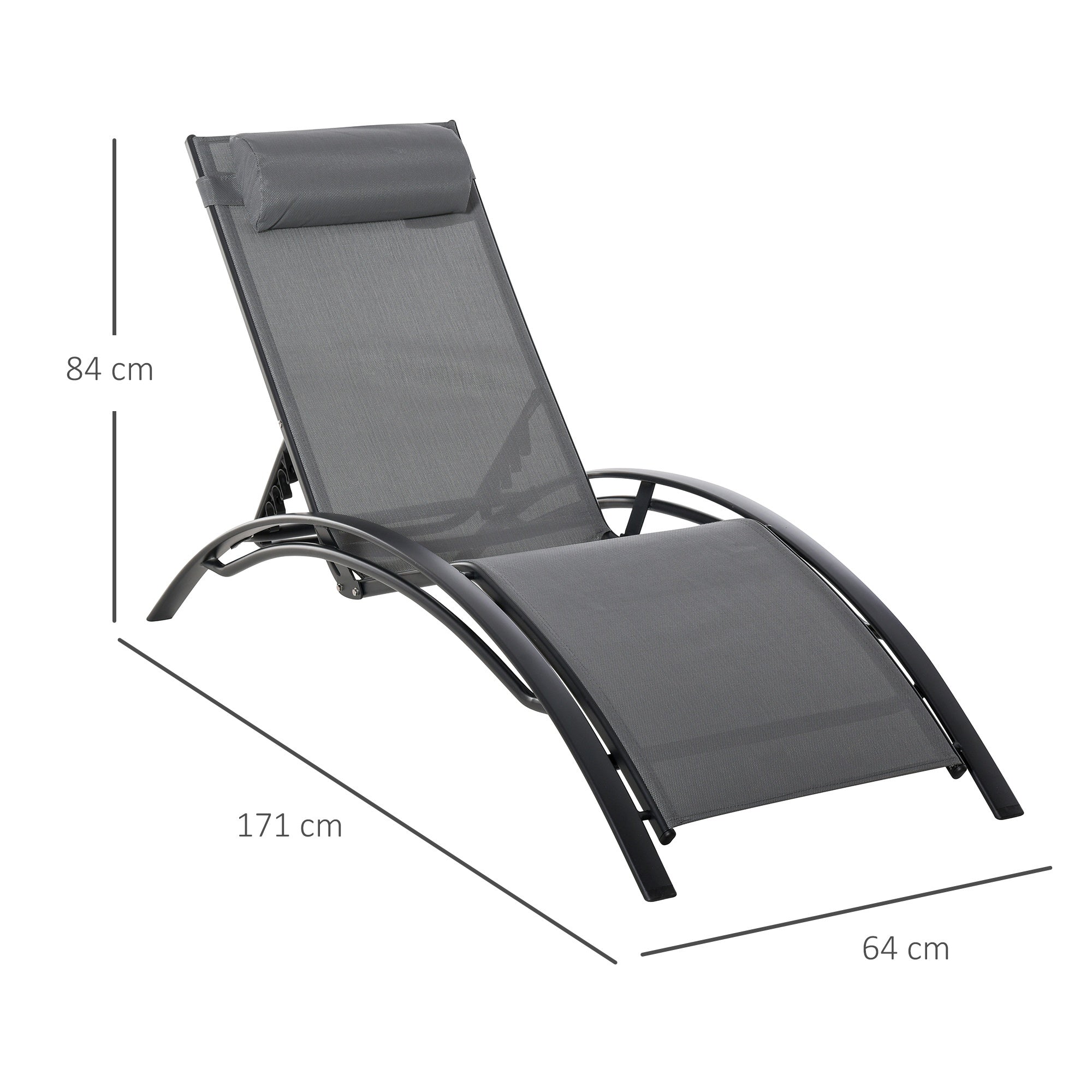 5-Level Reclining Garden Lounger with Removable Cushion, Aluminum and Texteline, 171x64x82cm Gray