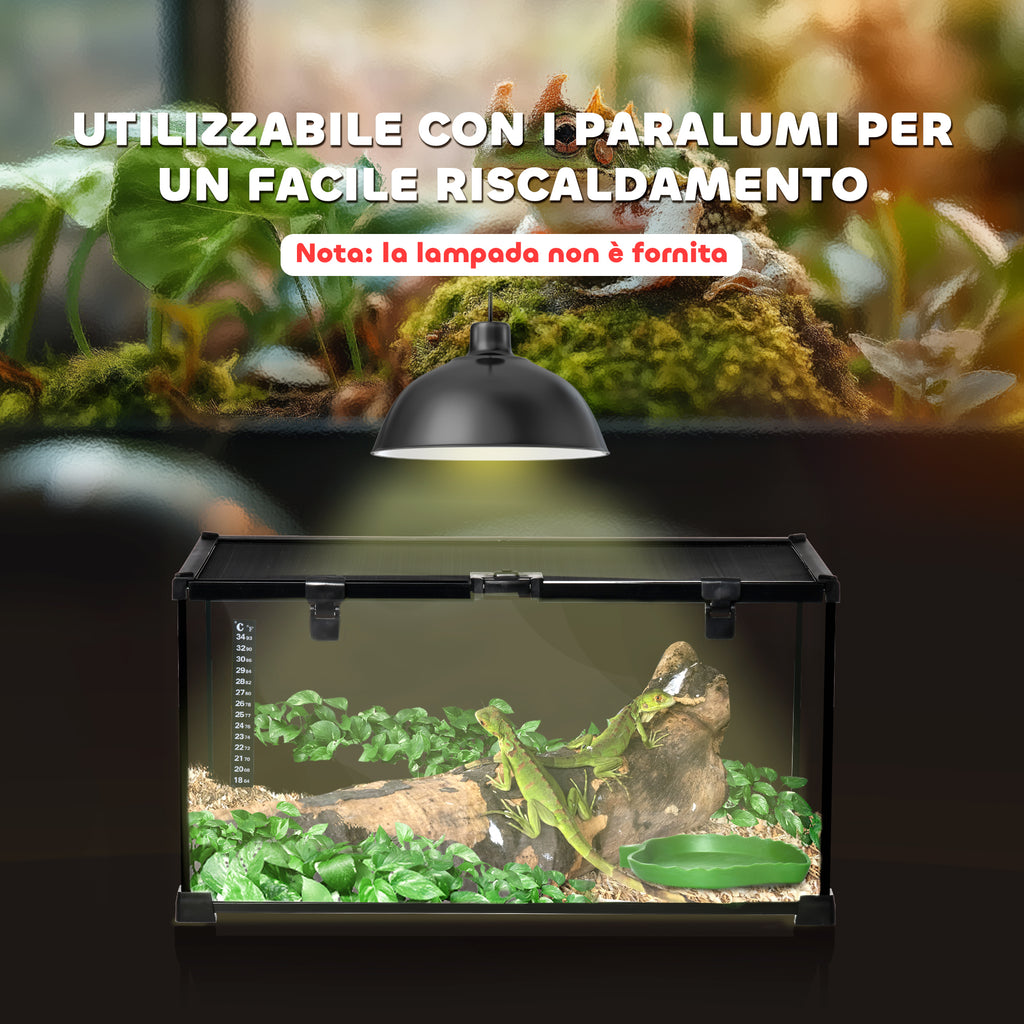 Raised Terrarium for Reptiles with Lock and Thermometer, in Glass and Metal Mesh, 50x30x25 cm, Black
