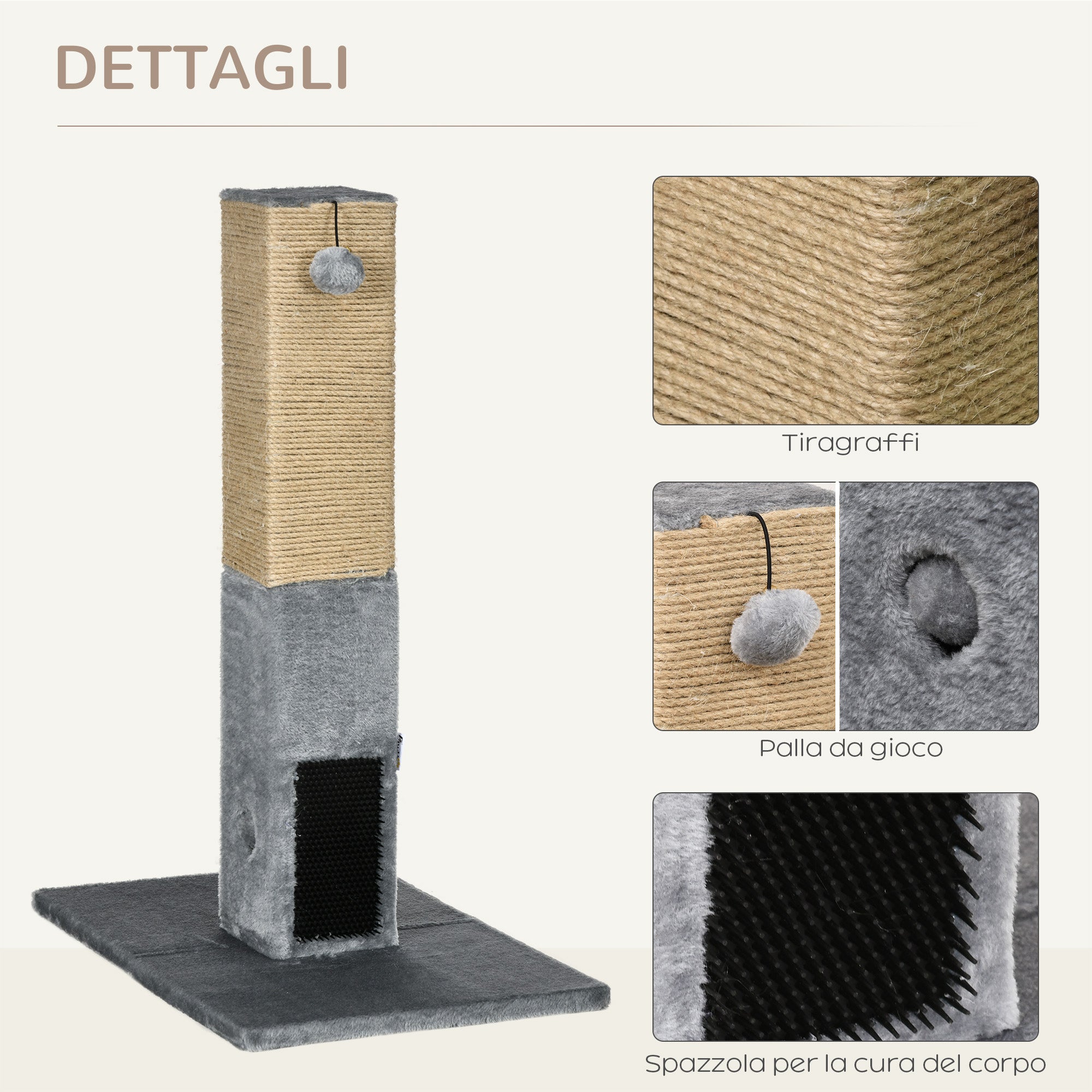 Scratching Post Tree for Cats with 2 Toy Balls and Brush, in Wood, Jute and Plush, 59.5x39x79 cm, Gray