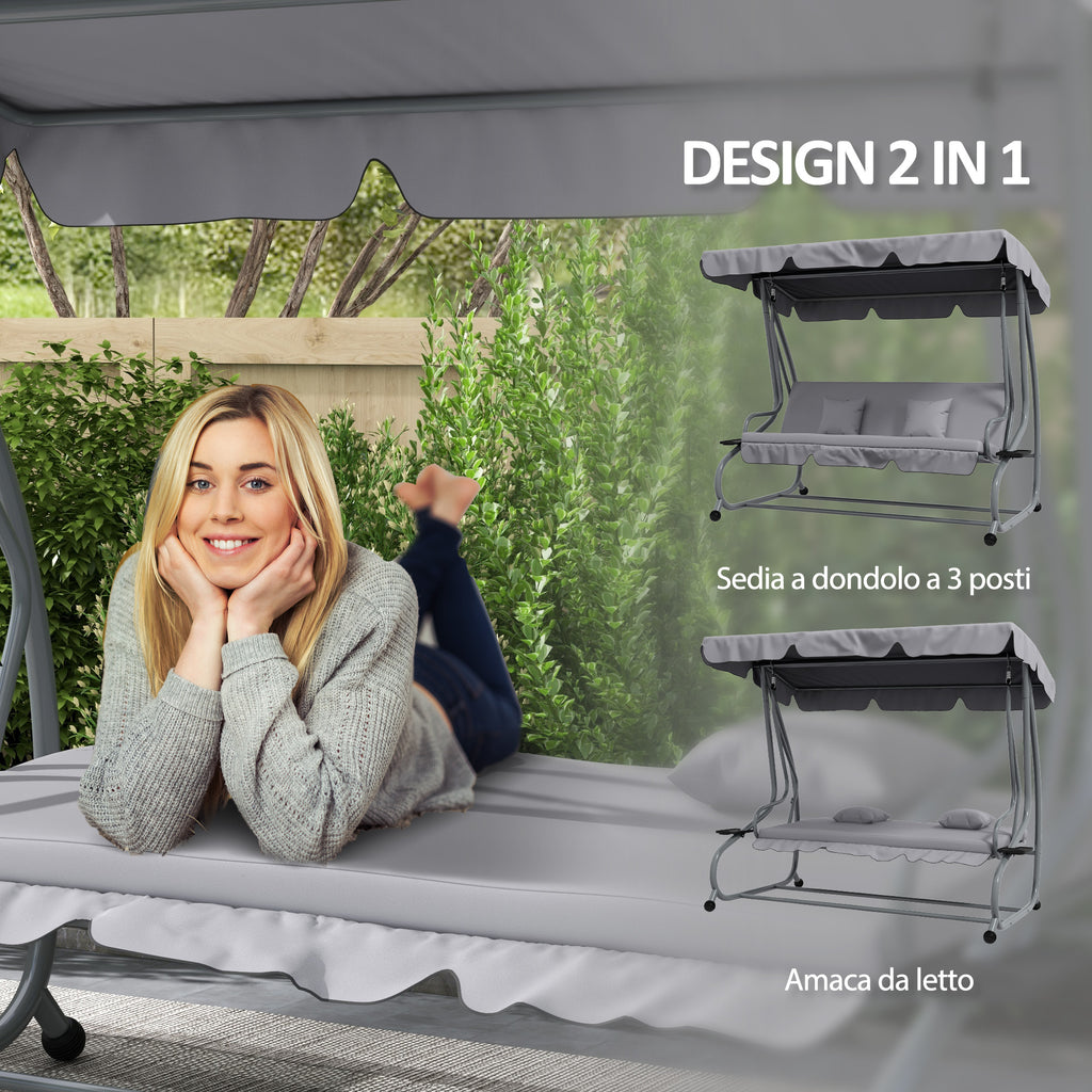 Swing Garden Bed with Adjustable Canopy and Trays, in Steel and Polyester, 200x120x164 cm, Gray - Borgè