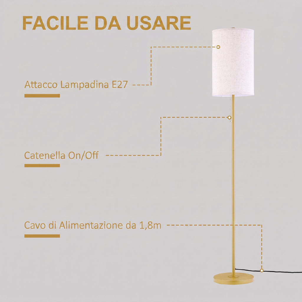 HOMCOM Floor Lamp with Pull Chain Switch, Linen Shade and Steel Base, E27 Socket, Gold and Cream