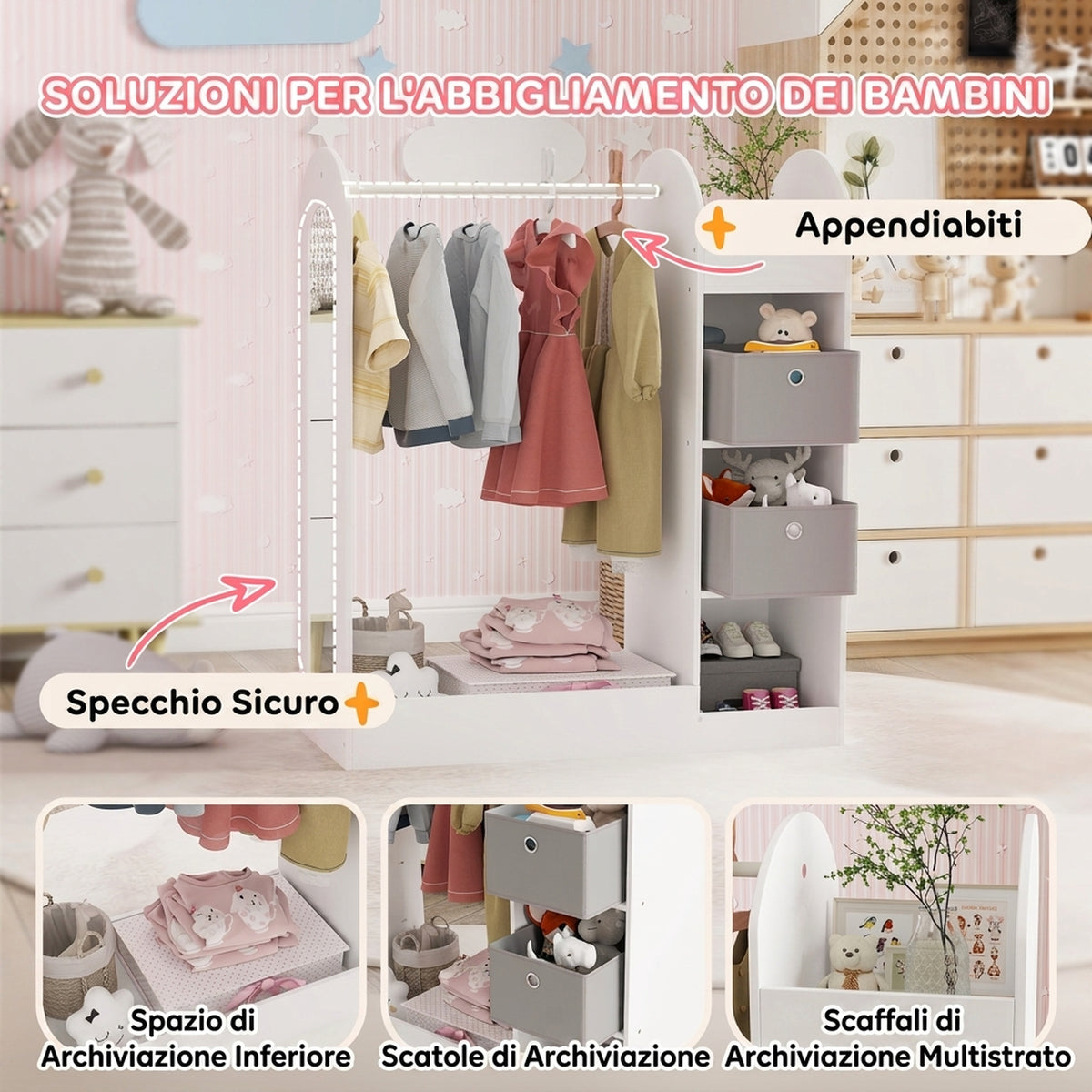 AIYAPLAY Children's Coat Rack for 3-8 Years Old with Shelves, 2 Storage Boxes, Hanging Rail and Mirror, 30 kg Capacity, White