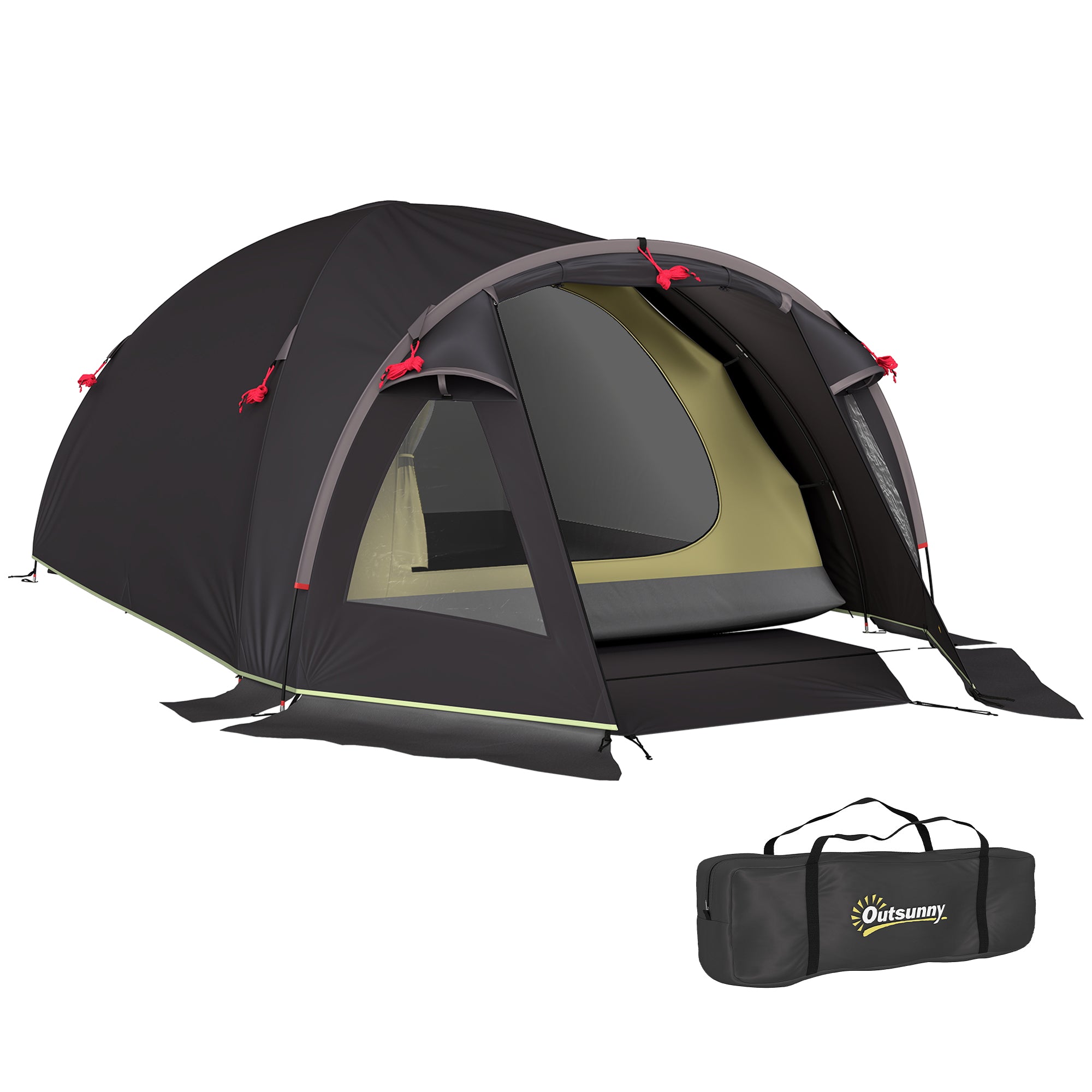 Tunnel Tent for 2-4 People with Side Windows and Hook, 190T Polyester and PE, 3.3x1.9x1.2 m, Black