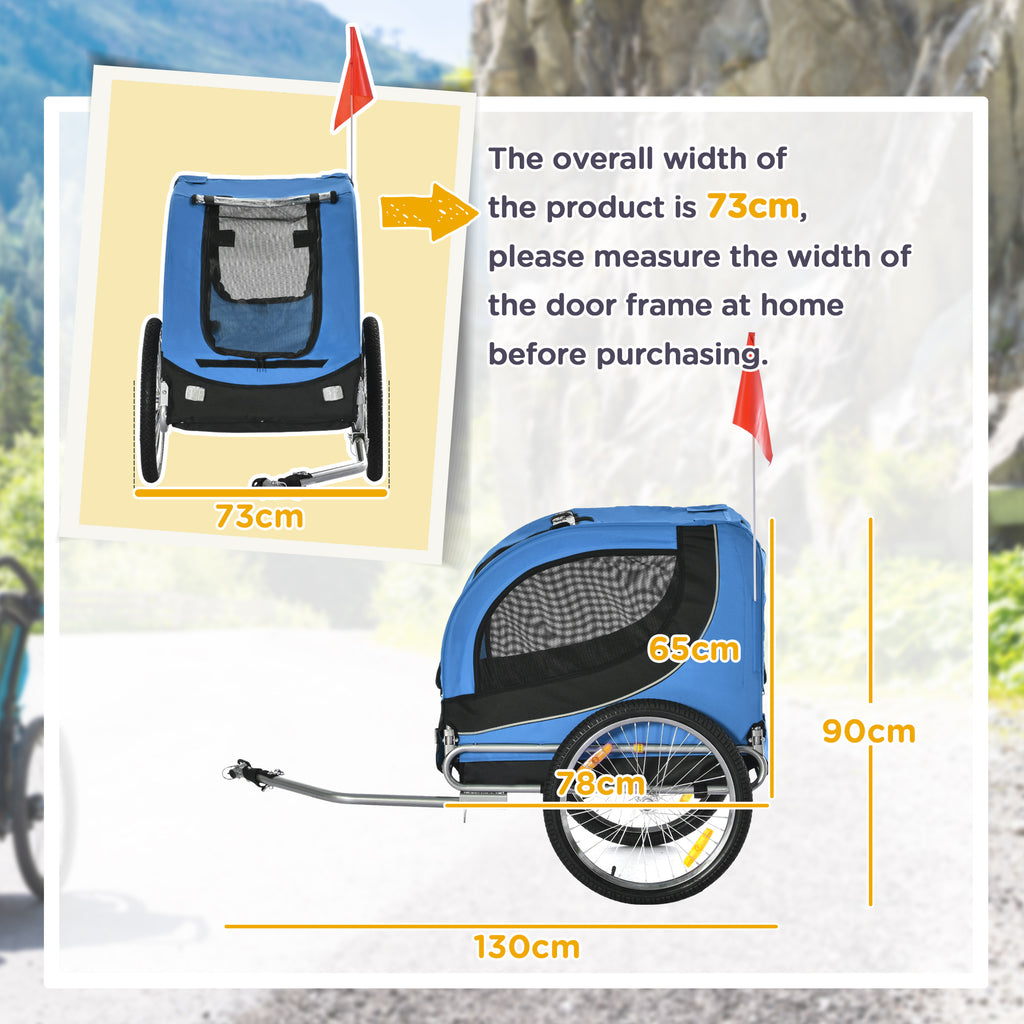 Medium Dog Bike Trailer with Attachment Point, Side Windows and Flag, Steel and Oxford Fabric Bike Trailer, 130x73x90 cm, Blue and Black