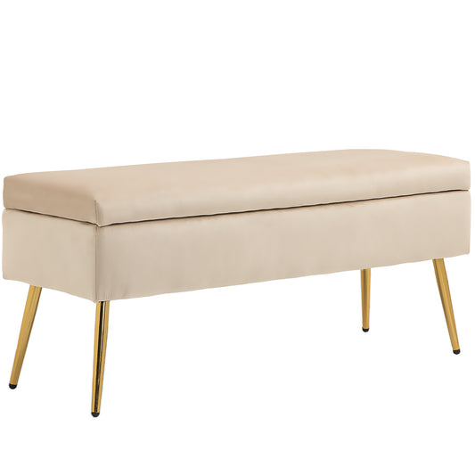 Ottoman Upholstered Bed Bench with Tapered Legs, in Velvet Effect Fabric, 102x35x43 cm, Beige