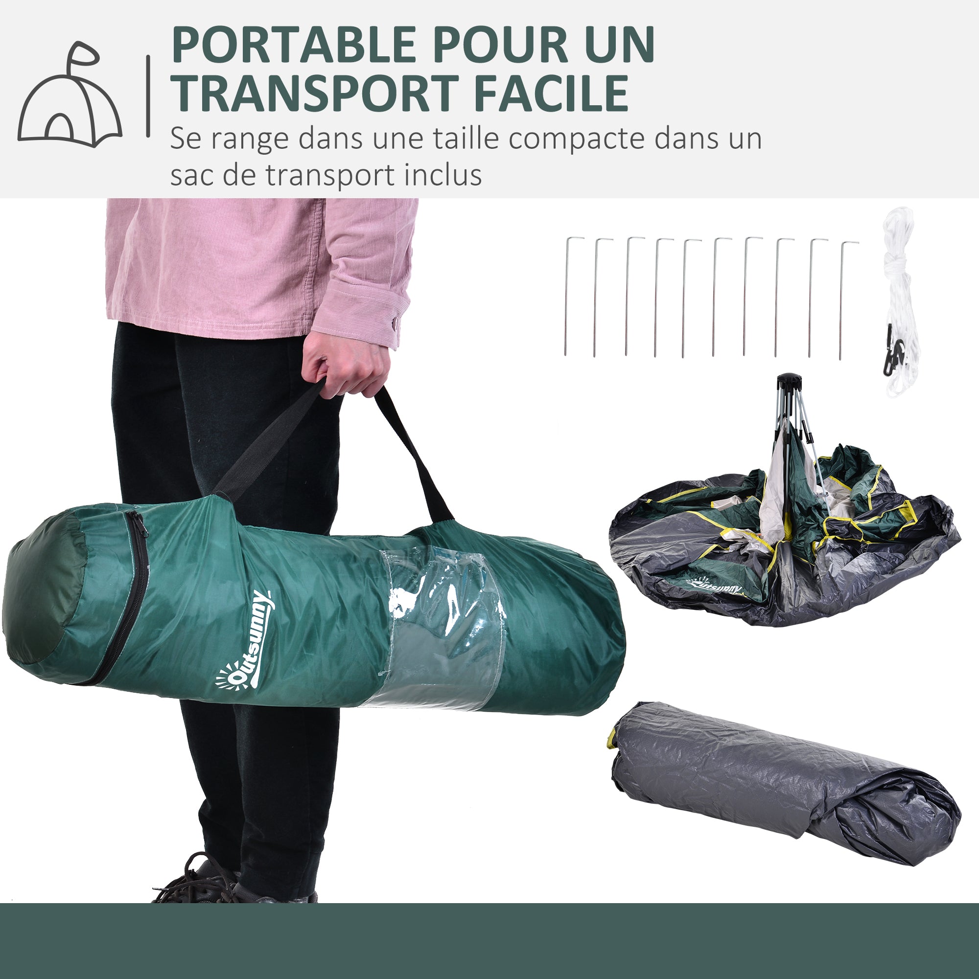 Outsunny Automatic camping tent for 2 people with internal pockets and mat, 205x195x135cm green - Borgè
