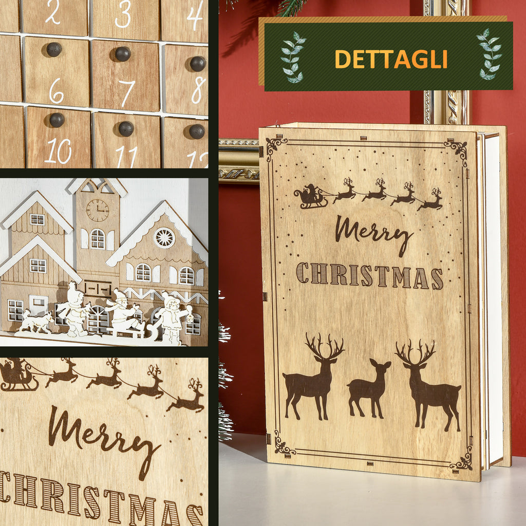 Wooden Christmas Advent Calendar in the Shape of a Book with Christmas Themes, 22x7x32 cm, White and Wood Color