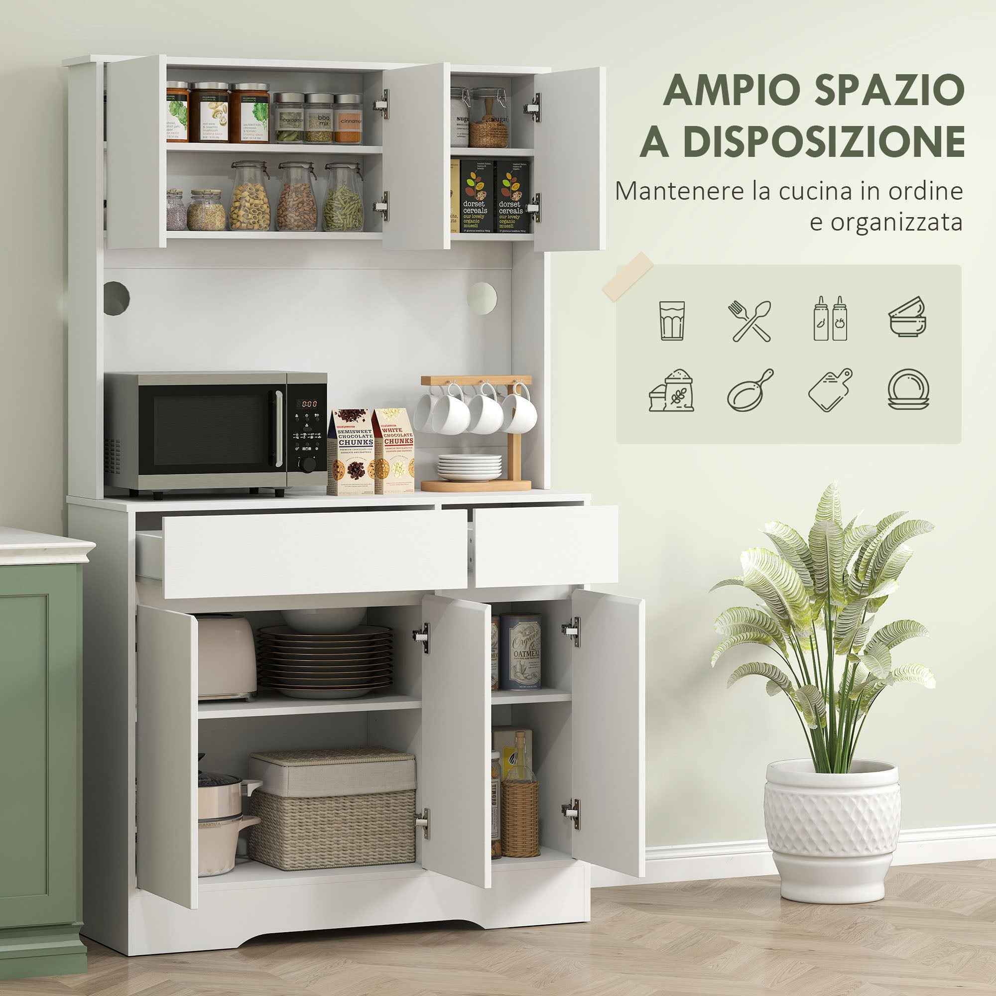 HOMCOM Modern Kitchen Sideboard with 4 Cabinets, 2 Drawers and Adjustable Shelves, 100x38x180 cm, White