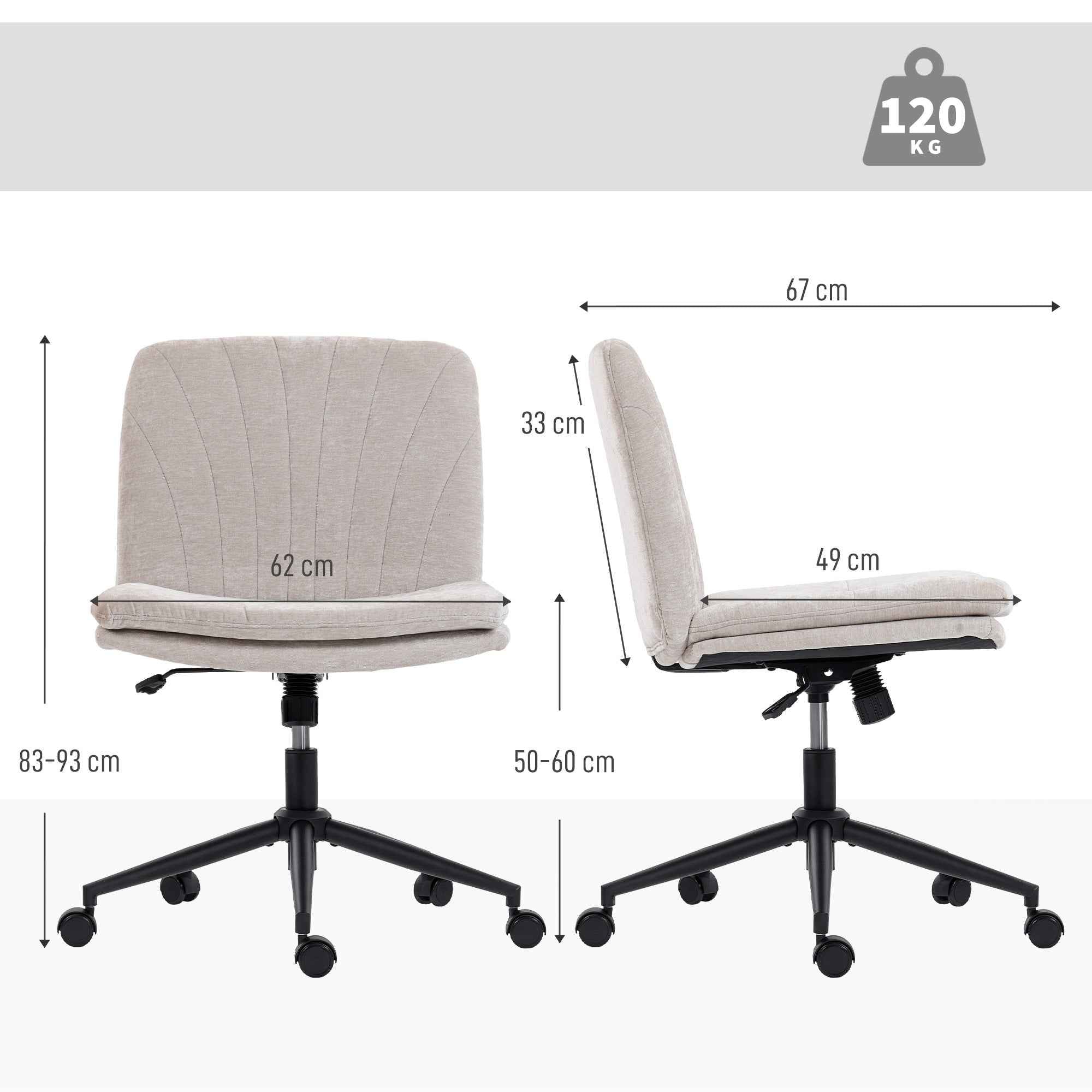 HOMCOM Adjustable Office Chair, Tilting and Swivel, Chenille Fabric and Steel, 62x67x83-93 cm, Beige