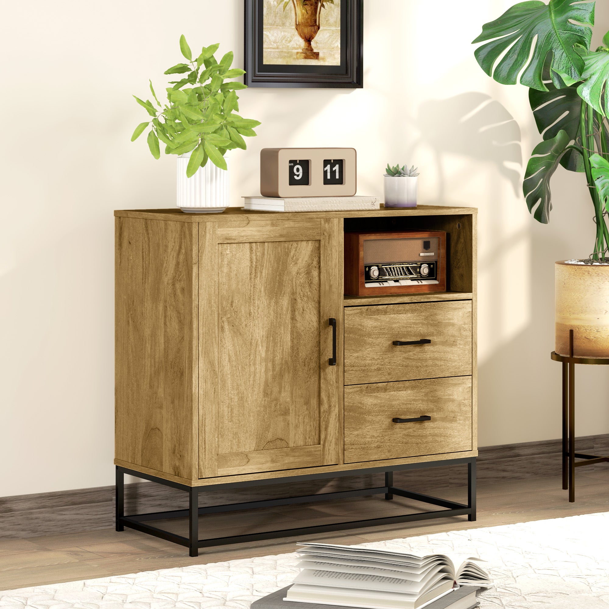 Modern Sideboard with 2 Drawers, Adjustable Cabinet and Open Shelf, in Wood and Steel, 80x40x78 cm, Brown
