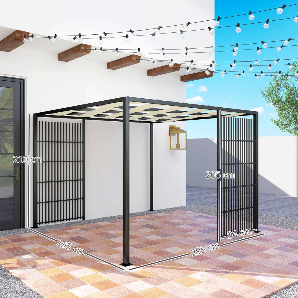 Outdoor Pergola 3x3 m with Wavy Covering and Side Panels, in Metal and Black Polyester