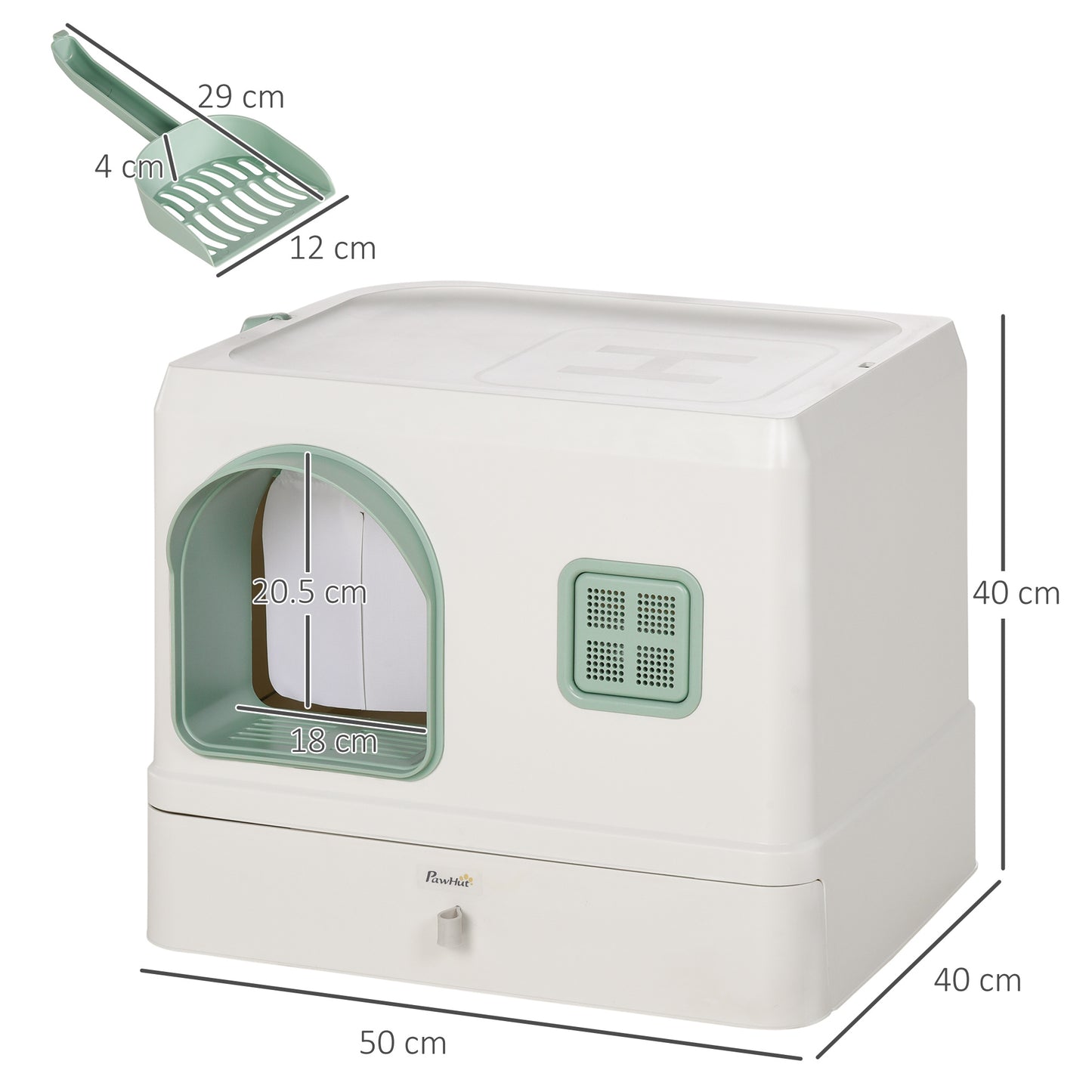 Cat Litter Box Covered with Deodorants, Tray and Scoop, in ABS and PP, 50x40x40 cm, Green and White