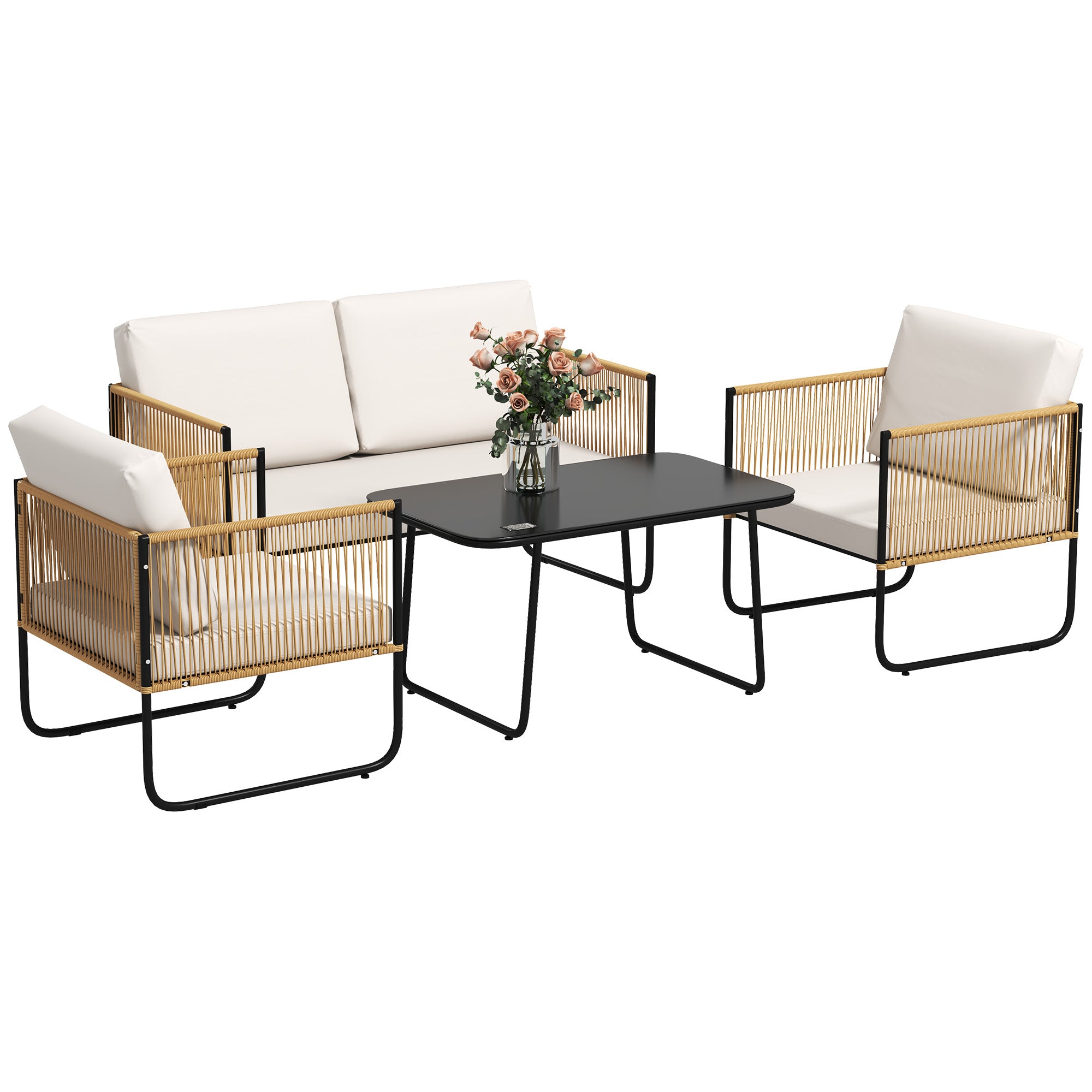 4 Piece Rattan and Steel Garden Set with Sofa, 2 Outdoor Armchairs and Low Table, Multicolor