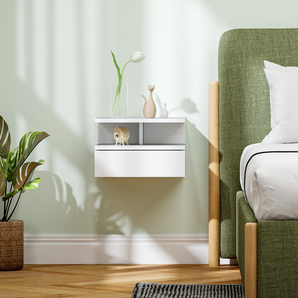Floating Nightstand for Bedroom with Drawer and Wooden Shelf, 35x32x22.5cm, White