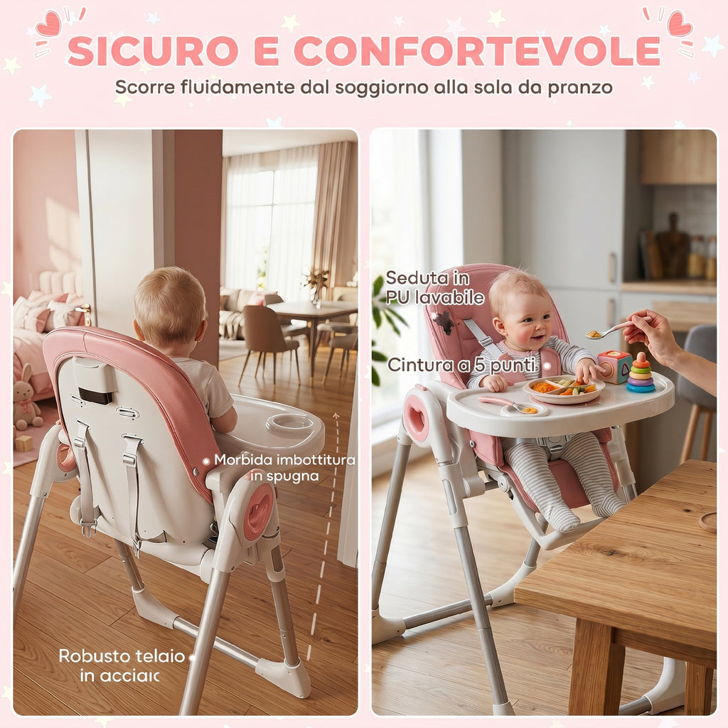 AIYAPLAY Folding High Chair for Babies 6-36 Months with Adjustable Height, Double Washable Tray, Wheels, Pink