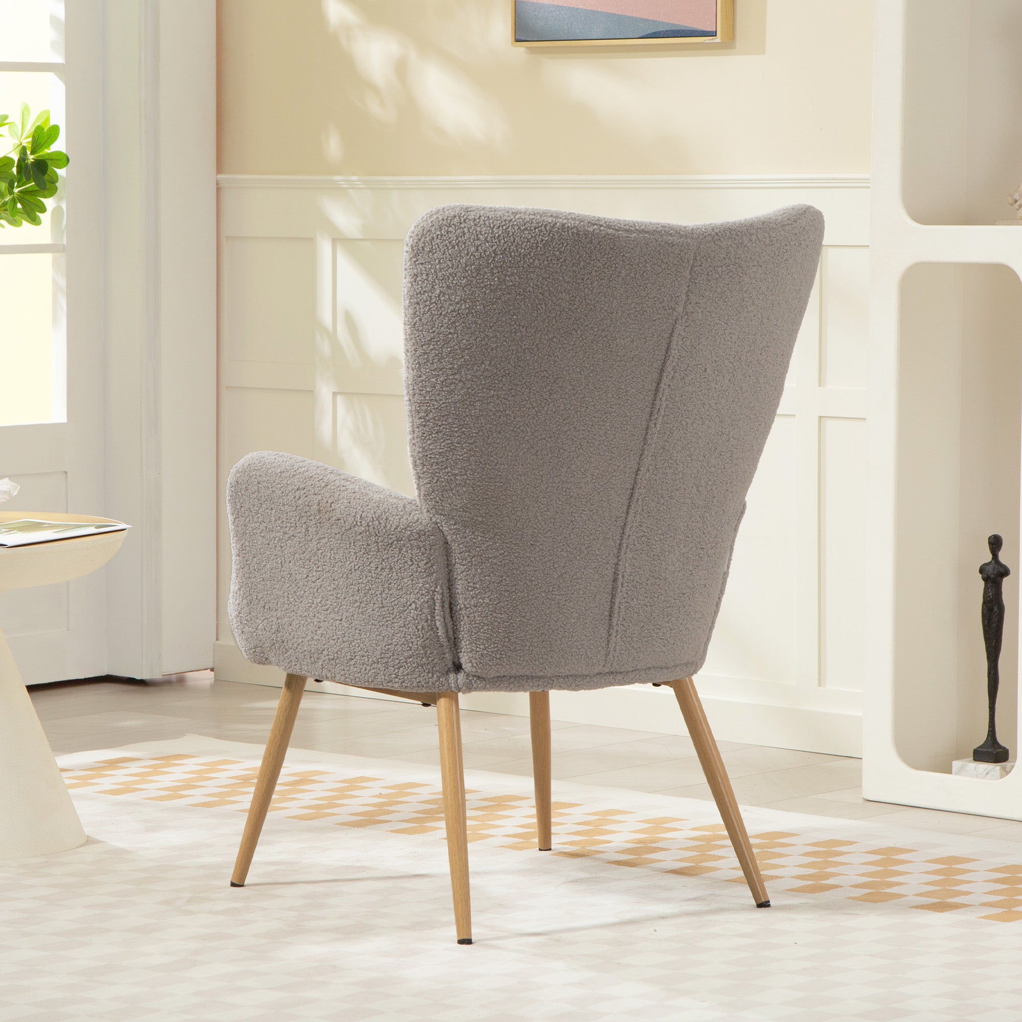 Modern Sherpa Fabric Upholstered Armchair with High Back and Armrests, Grey