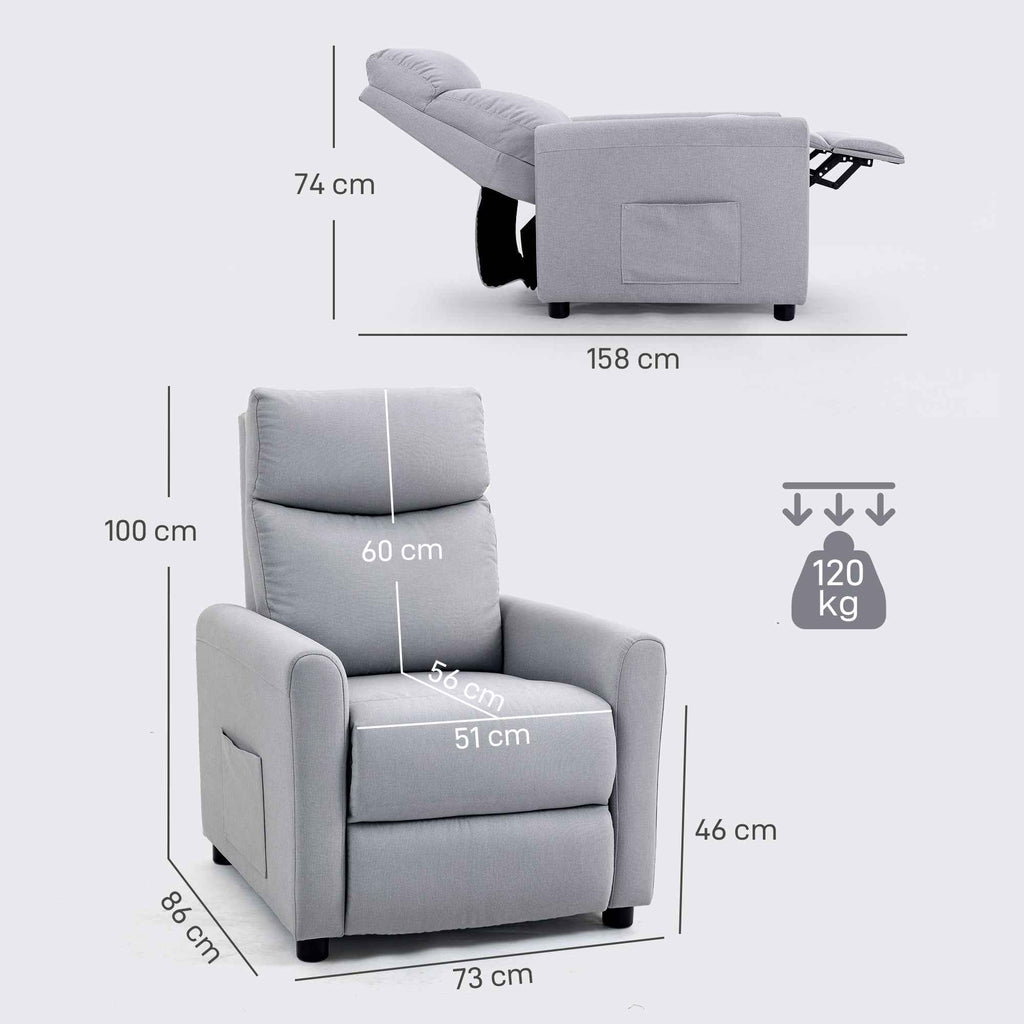 HOMCOM Reclining Chair 135° max in Linen Effect Fabric, Foam, Steel and Wood, 73x86x100 cm, Light Grey