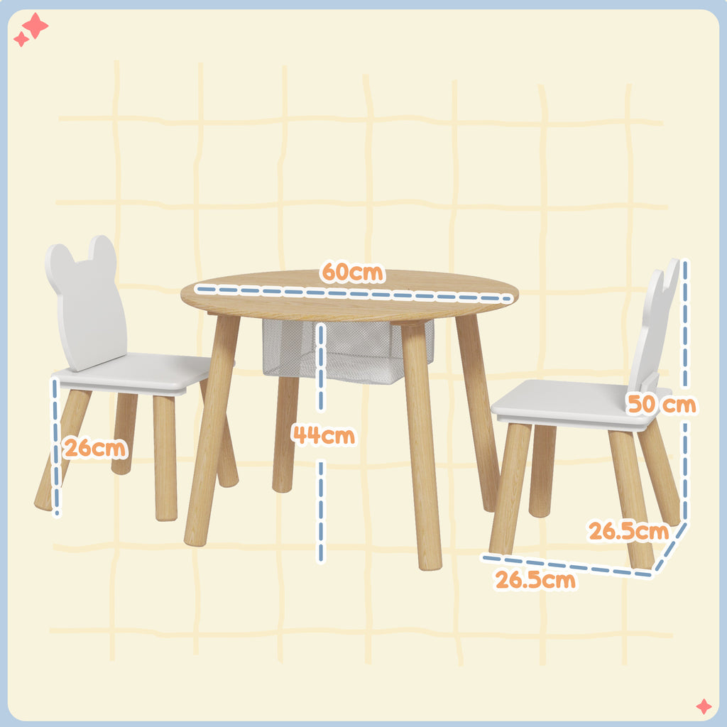 Children's Table and 2 Chairs Set with Teddy Backrest, Coffee Table with Storage, White and Wood