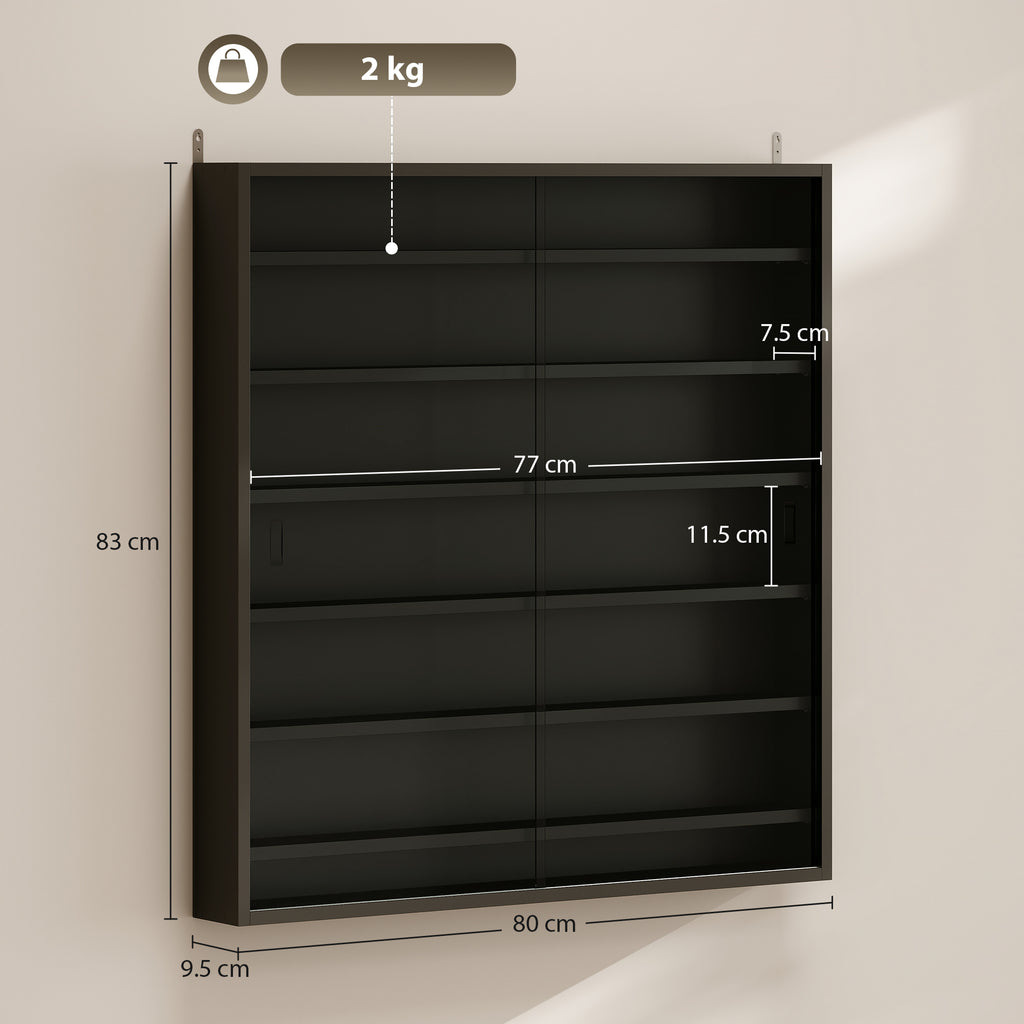 6-Tier Adjustable Wooden Notice Board with Glass Doors, 80x9.5x83 cm, Black