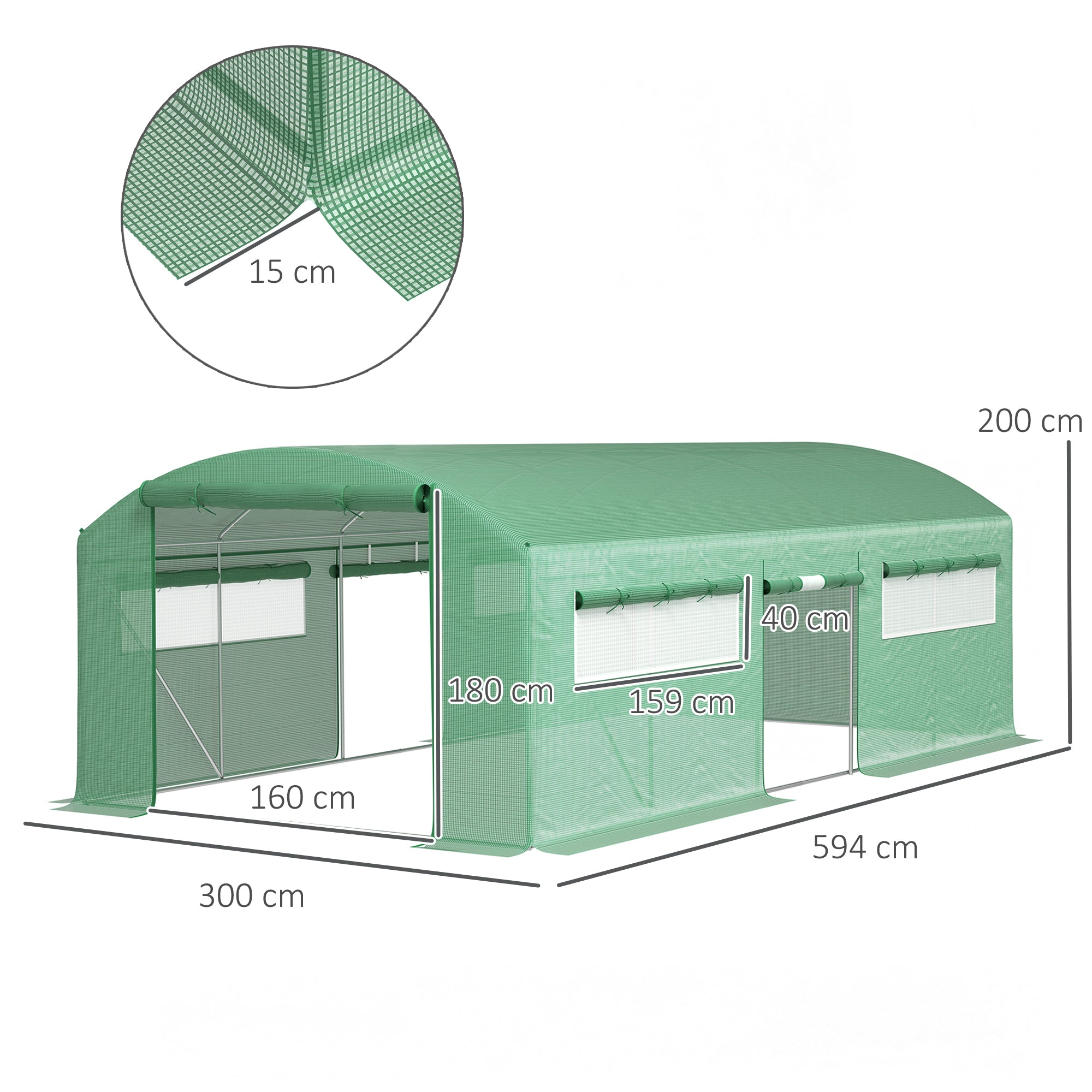 unnel Greenhouse with 3 Roller Doors and 6 Windows, in Galvanized Steel and PE, 6x3x2 m, Green