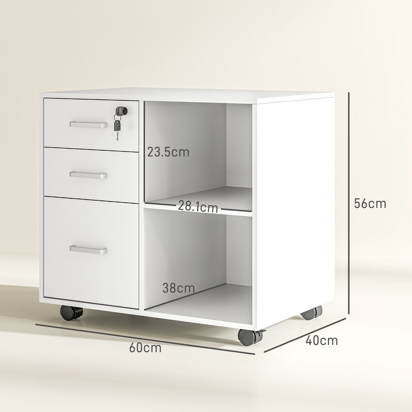 Office Document Chest with 3 Drawers, Wheels, Lock and Keys, 60x40x56 cm, White