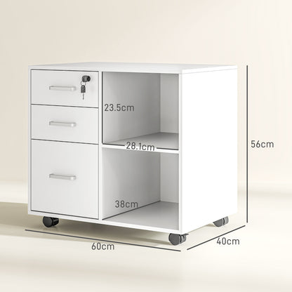 Office Document Chest with 3 Drawers, Wheels, Lock and Keys, 60x40x56 cm, White