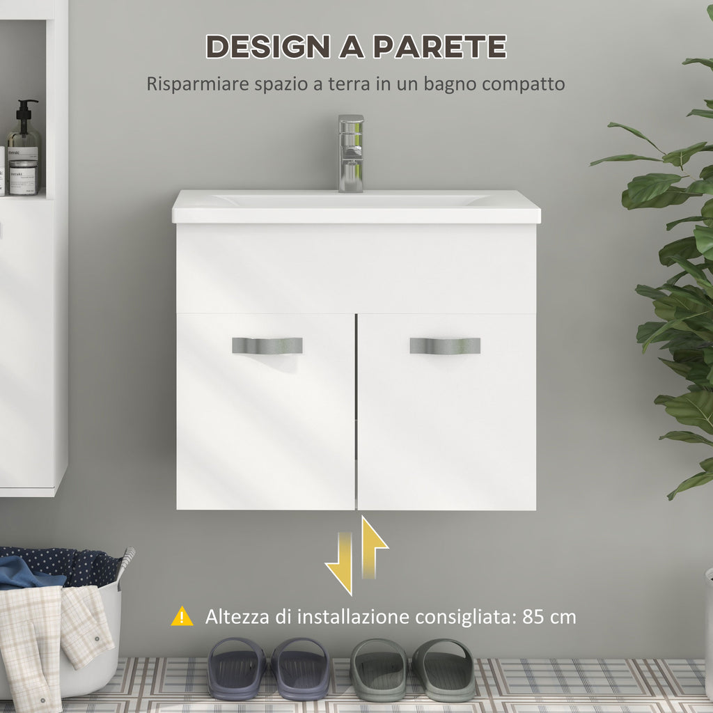Wall-hung Bathroom Cabinet with Sink, 2-Door Cabinet with Soft-Close Hinges, 61x40x50cm, Glossy White