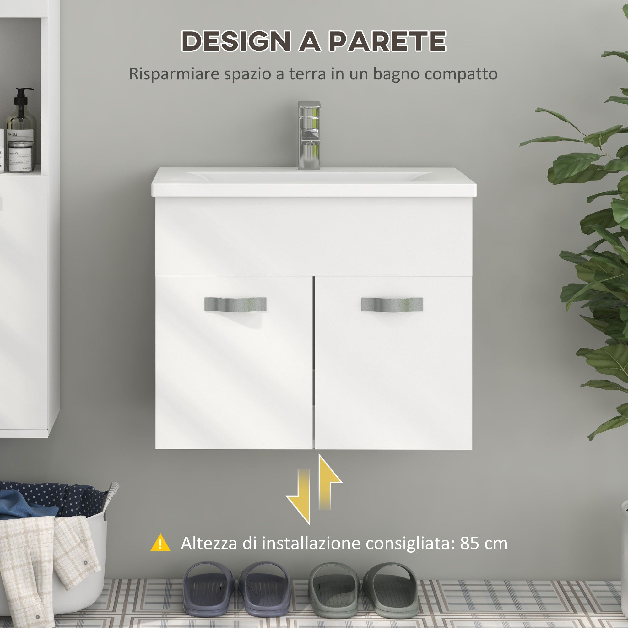 Wall-hung Bathroom Cabinet with Sink, 2-Door Cabinet with Soft-Close Hinges, 61x40x50cm, Glossy White