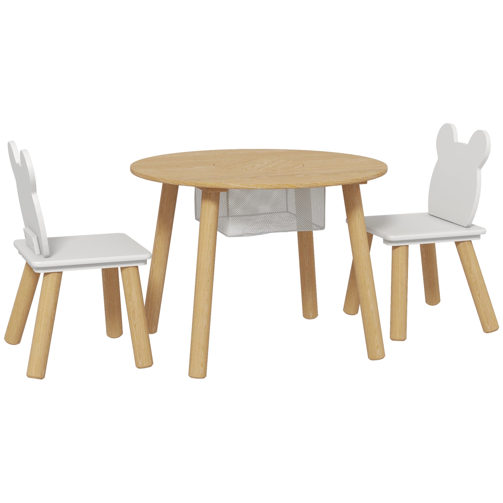Children's Table and 2 Chairs Set with Teddy Backrest, Coffee Table with Storage, White and Wood