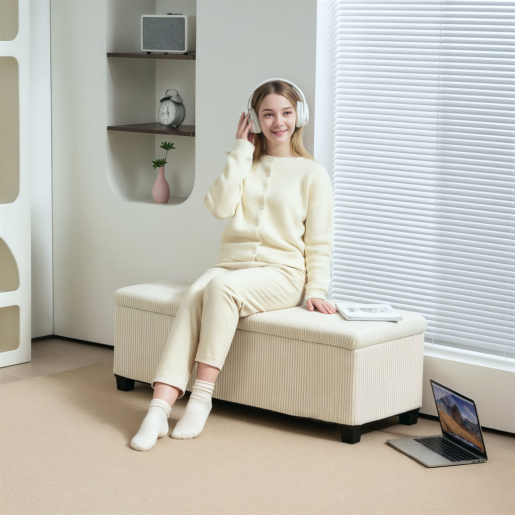 Bedside Bench with 84L Storage Space, Corduroy Effect Fabric and Steel, 112x42x40 cm, Beige