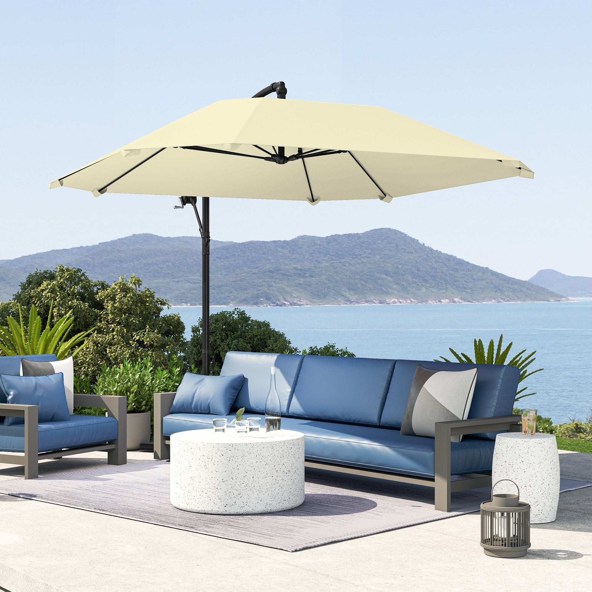 Cantilever Umbrella with Adjustable Cover and Cross Base, in Metal and Polyester, 260x304x245 cm, Cream
