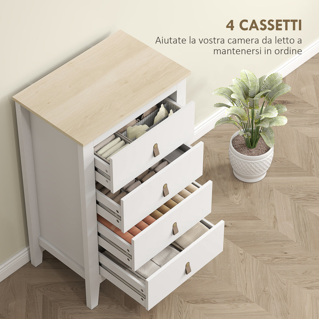 4-Drawer Bedroom Chest with Faux Leather Handles, 60x40x98cm, White