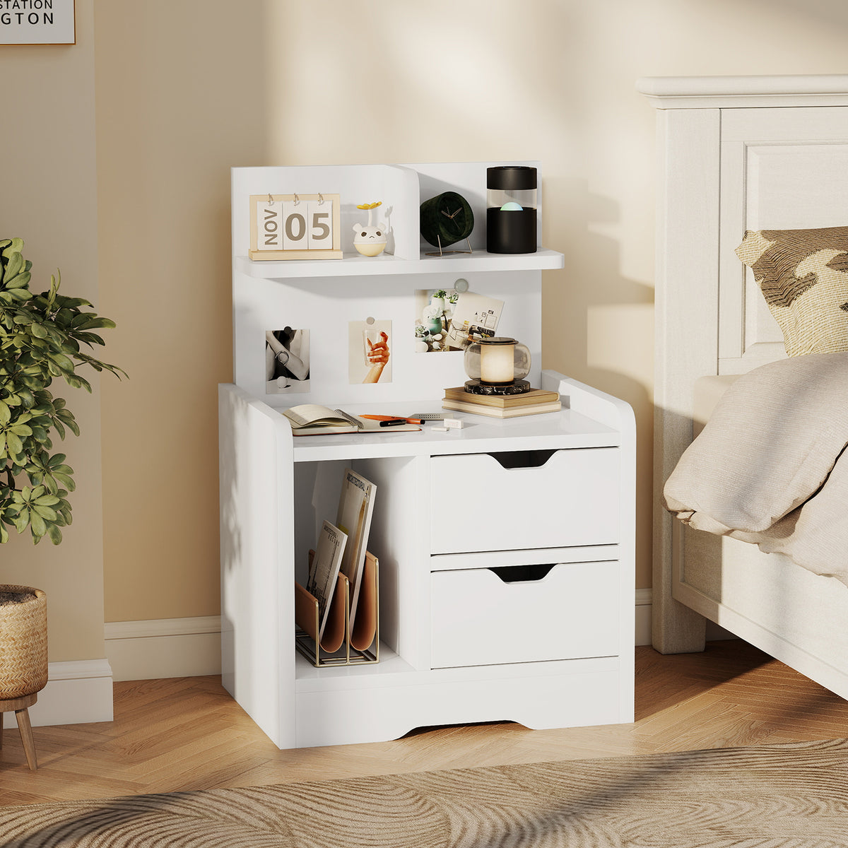 HOMCOM Bedroom Nightstand with 2 Drawers and Storage Shelves, Modern Wooden Nightstand, Gloss White