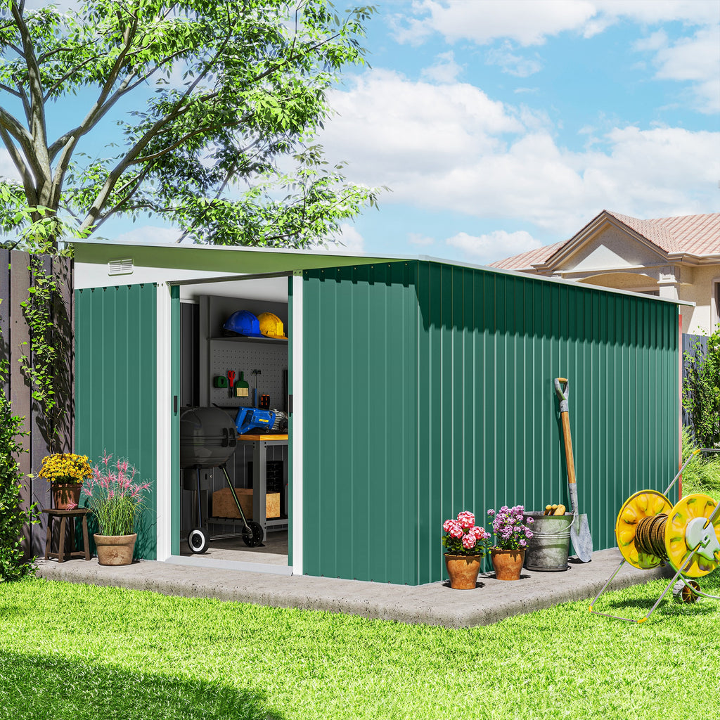 Garden Shed with Sliding Door, Steel, 345x280.5x169-201cm, Green