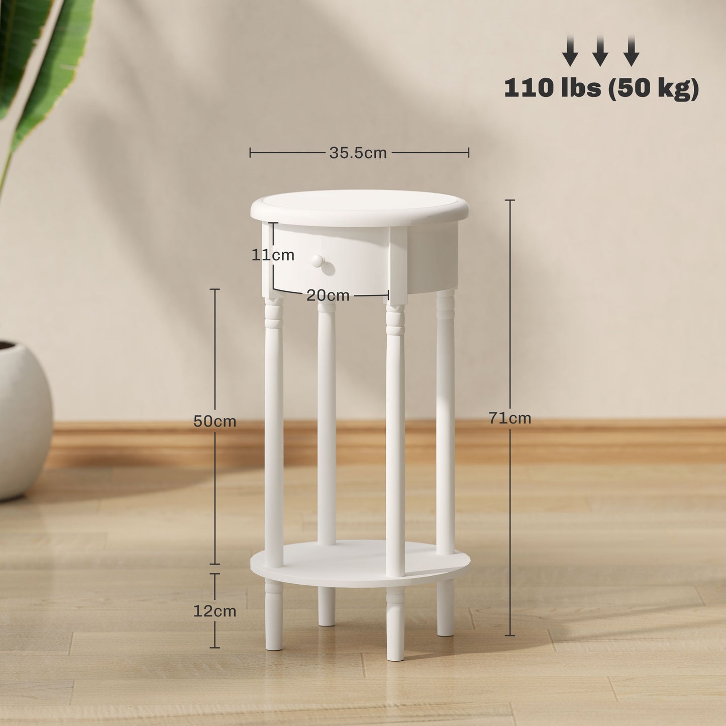 Set of 2 Bedside Tables with Drawer and Wooden Shelf Contemporary Style, Ø35.5 x 71 cm, White