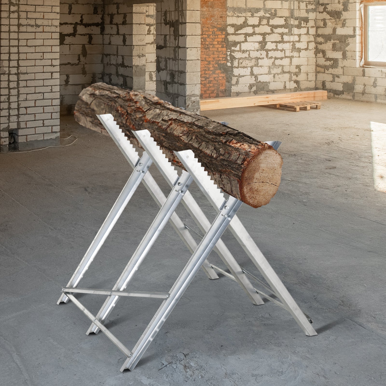 DURHAND Folding Triangular Metal Wood Cutter Stand with Serrated Teeth, 83x83x79 cm, Silver