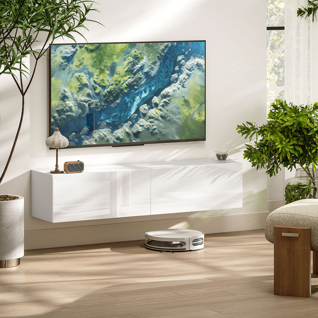 Wall Mounted TV Cabinet for 45"-55"-65" TVs with 2 Cabinets and Drop-Door, 140x33x29.8 cm, White