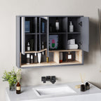 Bathroom Mirror 3-Door with 8-Compartment Cabinet and Soft-Cushioned Doors, 80x20x60 cm, Grey