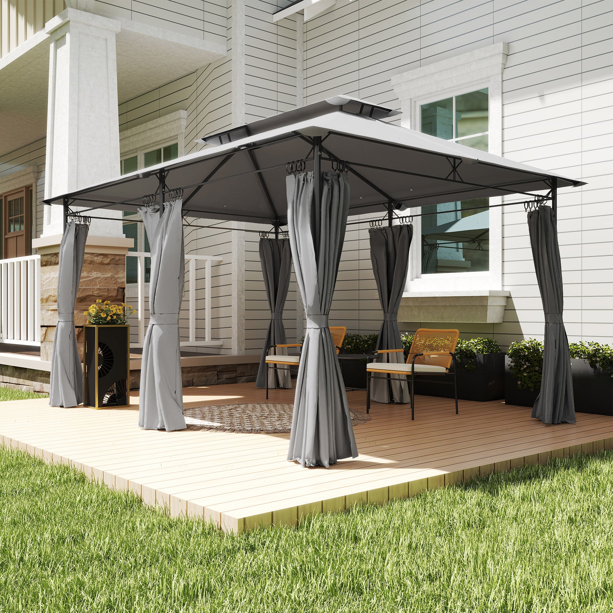 Outsunny 3x4m Garden Gazebo with Removable Curtains, Double Roof and Metal Frame, Grey